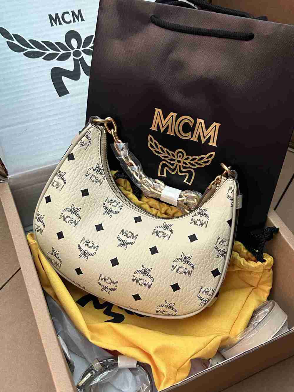 MCM Off White Moon Hobo Bag Chain Crossbody